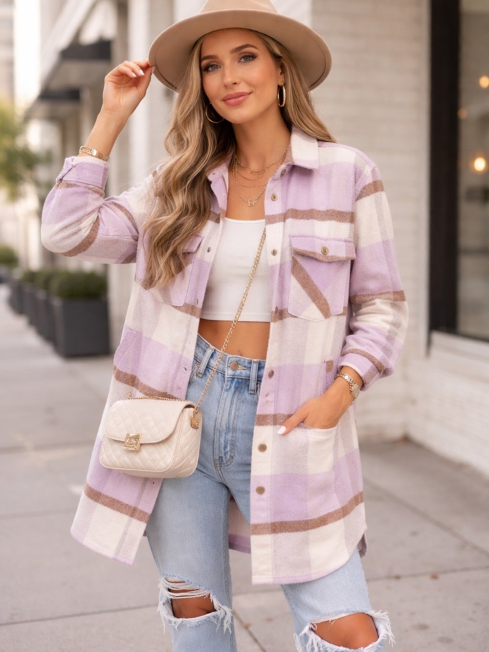 Blank NYC Purple Beige Plaid Shirt Jacket Shacket Long Pea Coat Medium NEW